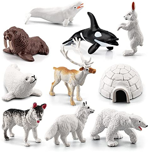 10Pcs Mini Figurines D'animaux Polaires,Figurines D'animaux Marins,Comprend un Ours Polaire, un Phoque,un Renne,un Renard Arctique,un Igloo pour les Tout-Petits,Cadeau d'anniversaire pour enfants(A4)