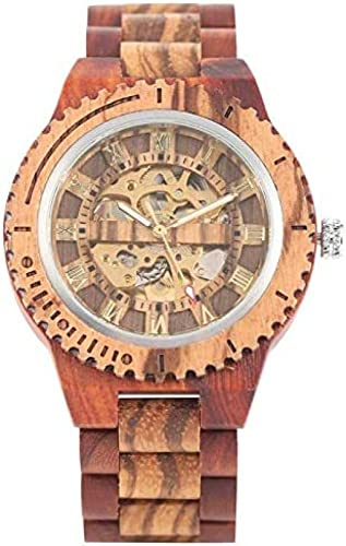 Reloj de Madera Reloj de Madera Retro Reloj mecánico Literal Romano de Oro Real Reloj de Brazalete de Madera de Lujo Superior para Hombres, Madera Roja