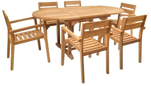 Endorphin Gartenmöbel Set Holz - 7-teilig - unbehandeltes Teakholz - 1 Tisch + 6 Stühle - Gartentisch Ausziehbar Wetterfest für Außen - Gartengarnitur Set mit Ausziehtisch