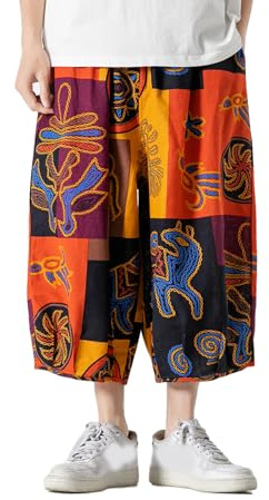 GURUNVANI Patchwork breda ben byxor elastisk midja harlem capribyxor lösa strandbyxor, 24k228orange, XL