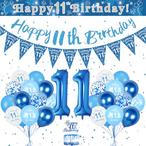 11:e födelsedagsdekorationer för pojkar – blå och vita ballonger, grattis på födelsedagen-banderoll, triangelflaggkonfetti och stora nummer ballonger