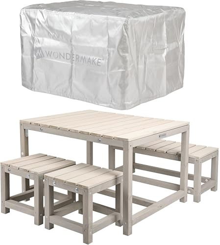 WONDERMAKE® Gruppo di seggiolino per bambini, per esterni, in legno con copertura, per interni ed esterni, gruppo picnic a partire dai 3 anni, colore: beige e grigio