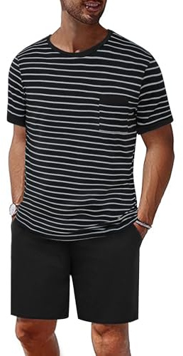 Jahetuul Pijama Corto Hombre Verano de Algodón 2 Piezas con Bolsillos Liso | Este pijama de algodón incluye camiseta de manga corta y pantalón corto con bolsillos para dormir cómodamente en verano