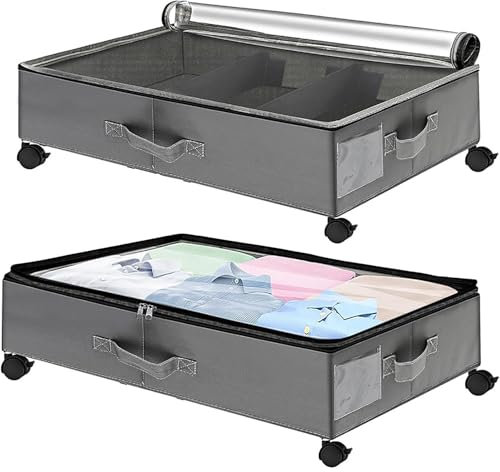 Contenitori sottoletto con Ruote, 2 Confezioni di contenitori sottoletto con coperchi, contenitori per cassetti sottoletto con Ruote per Camera da Letto,Grigio