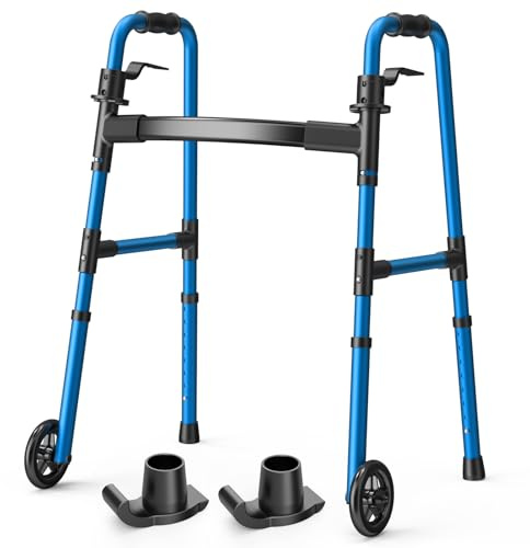 Loyoda Folding Walker with 2 Skis and 5 Wheels, Lightweight Design, Blue