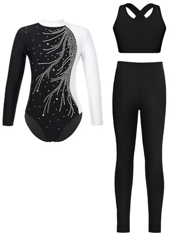 Manyakai 3 Pièces Enfant Fille Ensemble Justaucorps Legging Gymnastique et Gilet Tenue de Gym Danse Sport Blanc 9-10 ans