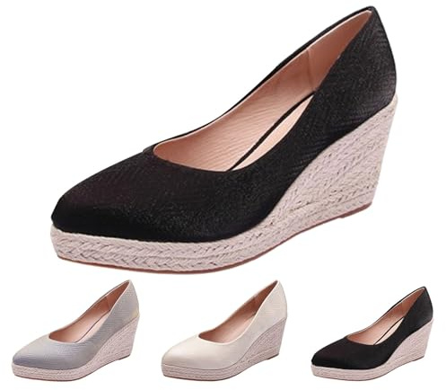 Ballerine da donna eleganti con tacco a cuneo, scarpe con punta chiusa, tacchi a spillo, sandali chiusi, scarpe per pendolari, scarpe con tacco alto, scarpe da sera, eleganti scarpe slip-on, Nero , 36