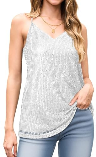WNEEDU Tops brillantes para mujeres Reino Unido cuello en V sin mangas tops con purpurina elegantes ajustados con lentejuelas tirantes espagueti camisetas sin mangas chalecos camisas blusas, M