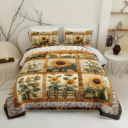 Tuzaovy Sunflower Patchwork Quilt Bedding Set Queen Size for Girls and Kids,Sunflower Field Bedspread Sets Rustic Farmhouse Bedroom Decor,Yellow Flowers Bed Cover Queen for Boys Girls Room Decor