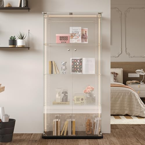 Yeutre vitrina de cristal con LED para colección, moderno armario acristalado, colección negra con 4 estantes y 2 puertas con cerradura, vidrio templado vitrina transparente (negro+tira LED, 163x35x80