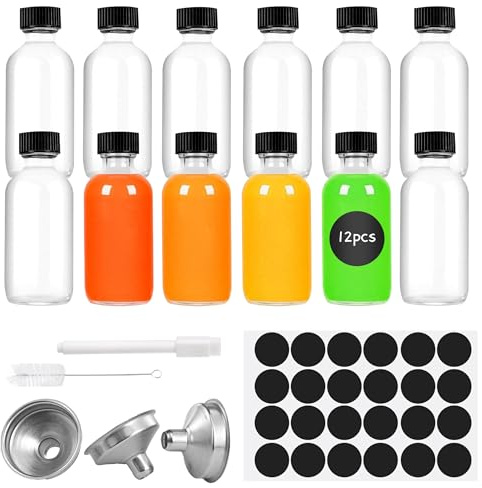 Avernest 12 Bottigliette di Vetro Piccole,60ml Riutilizzabile Bottigliette Liquore Mignon con Imbuto,Etichette,Penna e Spazzola,Mini Bottiglie Alcolici per Shots di Zenzero,Oli Essenziali & Liquori