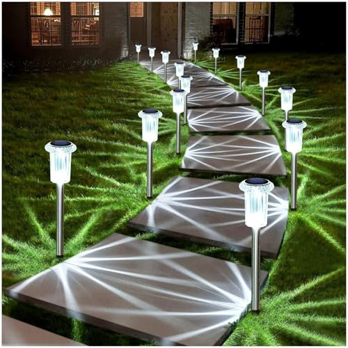 QINGYA 10 Pack Solar Lights Outdoor Waterproof 6000K Cold White LED Stainless Steel Stake Outside Lights Solar Pathway Lights Waterproof Garden Decor for Path Yard Lawn Walkway Driveway