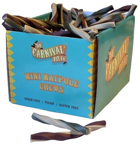 Vegan dog chews, 100 edible Mini Maypole small dog treats with a plant-based recipe for sensitive dogs. Fun chews for dogs of all ages. 800g