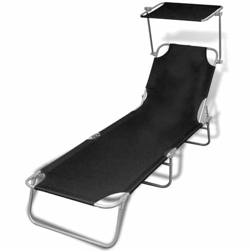 Heofavd Tumbona plegable con toldo solar, 189 x 58 x 27 cm, tumbona de tres patas hasta 110 kg, respaldo ajustable, tumbona de jardín estable y tumbona de playa de acero, color negro