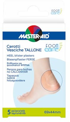 MASTER AID Footcare Vesciche - Protezione Vesciche - Cerotti Vesciche Piedi per Protezione del Tallone - Scherma Agenti Esterni e Supporta la Guarigione Naturale - 1 Confezione da 5 Pezzi - 69x44mm