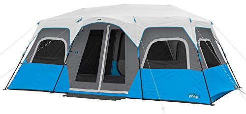 CORE 12 Person Instant Cabin Tent with LED Lights | Large 3 Room Family Lighted Pop Up Tent for 2 Minute Camp Setup | Included Storage Pockets for Camping Accessories