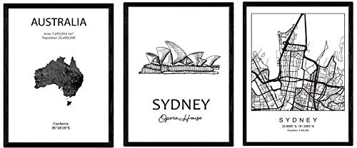 Paket av affischer av länder och monument. Sidney City Map, Harbour Bridge Monument och karta Australien B. Storlek A3