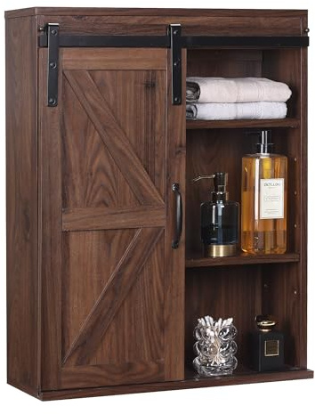 RUSTOWN Farmhouse Wood Wall Storage Bathroom Cabinet with Sliding Barn Door, Rustic Medicine Cabinet with Adjustable Shelf, 3-Tier Vintage Cabinet for Kitchen Dining, Bathroom, Living Room (Walnut)