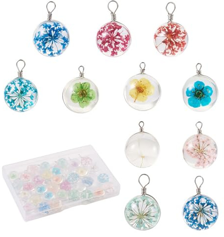 Craftdady 34 st torkade blommor berlocker, hänge, 17 färger, runt glas med flytande lampwork berlocker för smycken, halsband, örhängestillverkning gör-det-själv hantverk