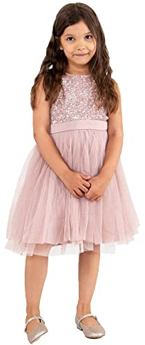 Maya Deluxe Midi Dress for Girls Sequins Embellished Party Tutu Bridesmaids Wedding with Belt Bow Vestito, Rosa Satinato, 3-4 Anni Bambina