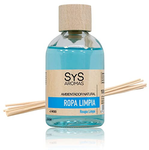 SYS Aromas Ambientador Mikado Ropa Limpia - Difusor con Varillas de Ratán - Larga Duración - Ideal para Hogar, Oficina, Baño - Fabricado en España - 100 ml con 8 Varillas