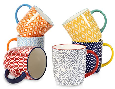 Selamica Juego de 6 tazas de café de porcelana de 10 onzas con asa, tazas de café de cerámica para capuchino, latte, cacao, leche, té, apto para lavavajillas y microondas