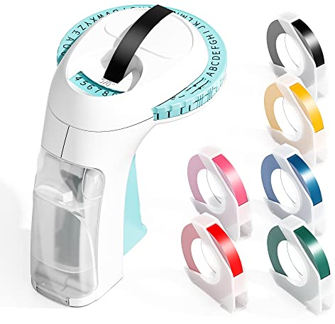 Aken Omega S 3D Prägegerät | Tragbares Etikettiergerät mit 6 Prägebändern (€, Ä, Ö, Ü) | 3D Beschriftungsgerät für Haushalt, Büro & Schule