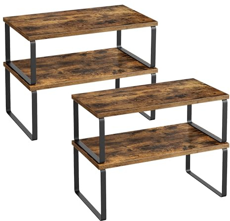 SONGMICS Spice Rack, Set of 2 Cupboard Shelf Organisers, Expandable Kitchen Shelf Organiser, Stackable Spice Holder, Metal and Engineered Wood, Ink Black and Rustic Brown KCS022X01