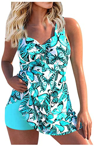 Swimming Costume Women 2 Piece Tankini Swimsuits Tummy Control Padded Swimwear Swimdress Skirted Swimsuit High Waisted Bathing Suits Print Tankini Tops with Shorts Plus Size Modest Swimwear Size 8-20