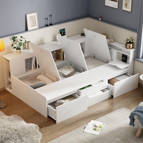 Soweiz Cama infantil, 90 x 200 cm, cama individual, multifuncional, con cajones, estantería y armario, contenedor con espacio de almacenamiento, sin colchón, blanco