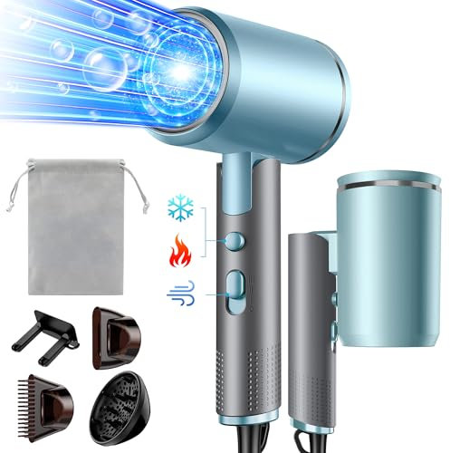 Seche Cheveux Pliable, 2400W Sèche-Cheveux Ionique avec Diffuseur, Professionnel Hair Dryer, 3 températures/3 vitesses, bouton chaud/froid, pour Famille Voyage Salons de Coiffure (grayish blue)