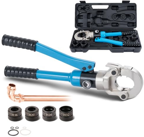 TEENO Pince à Sertir Hydraulique Professionnelle 100kn, Tête Rotative à 360°, Poignée Isolée, Kit Outil de Sertissage Ø 16-32 mm avec 4 matrices de sertissage TH16, TH20, TH26, TH32