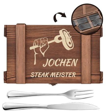 Maverton Couverts de Table à Steak - 6 Couteaux a Steak et 6 Fourchette a Viande dans un Coffret Cadeau Homme Personnalisé - Set De Table avec Boîte en Bois - Cadeau Personnalisé pour lui