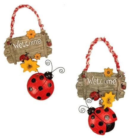 Pack de 2 Carteles de Bienvenida Mariquita - Placas Resina y Metal para Puerta/Jardín - Decoración Exterior e Interior con Diseño Girasol