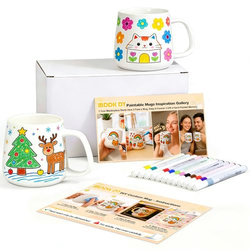 MDDK DY Kit Peinture Céramique – 2 Tasses à Peindre avec 12 Feutres Couleur pour Porcelaine & Guide, Tasses Personnalisables DIY, Idée Cadeau Créative
