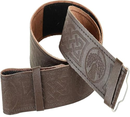 Kilts Boutique Scottish Celtic Leather Kilt Belt, Brown, Embossed Masonic, Thistle and Lion Rampant Design (Thistle, M (31–36))