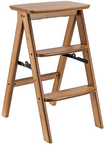 GREENSAPPIRE Natural Bamboo 3-Tier Folding Step Stool Ladder Thick Solid Bamboo Portable Multi-Function Folding LadderFootrest for Kitchen, Bedroom, Outdoor House-Warming Gift Friendly