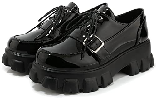 KOKOMOMO Womens Patent Leather Platform Oxfords Chunky Lace Up Goth Buckle Shoes,Size 11.5 Black