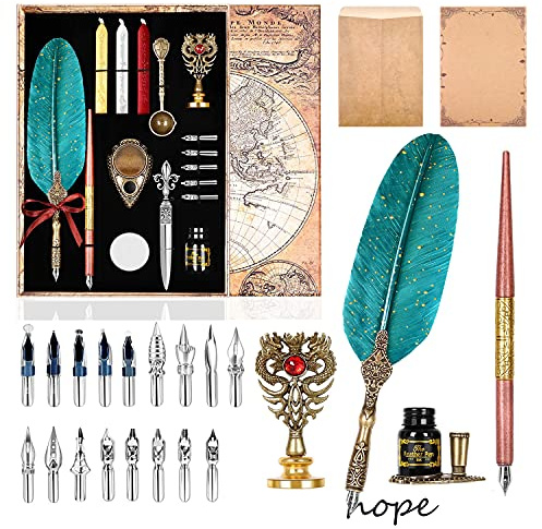 AIYNC Feather Calligraphy Pen Ink Set, Includes Quill Pen and Wooden Dip Pen, Ink,17 Replacement Nib, Pen Base, 3 Wax Seal Sticks, Stamp, White Wax, Spoon, Envelope Letter Paper, Envelope Tool(Green)