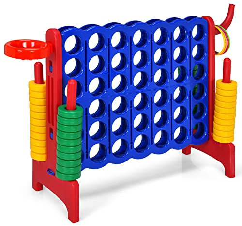 GYMAX Giant 4 in a Row Game, Jumbo Connect 4 Garden Games with 42 Rings, Basketball Hoop, Ring Game & Quick-Release Slider, Outdoor Four in a Row Toys for Kids Adults Family (Red)