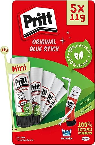 Pritt Glue Stick, Safe & Child-Friendly Craft Glue for Arts & Crafts Activities, Strong-Hold Adhesive for School & Office Supplies, 5x11g Pritt Stick