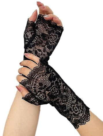 Wambere Spetshandskar, fingerlösa handskar vintage vantar damer spets broderi fingerlösa solskydd brud handled handskar för bröllop tefest tillbehör party halloween, svart