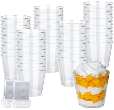 Vasitos Aperitivos Plastico, 50 Piezas Vasitos para Aperitivos, 200ML Vasitos para Postres con 50 Piezas Cucharas, Reutilizable Vasos para Postres Adecuado para Hogar Fiesta Boda Festival Picnic