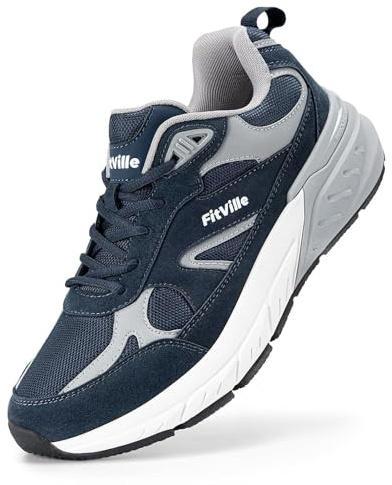 FitVille Mens Extra Wide Fit Trainers Walking Shoes with Arch Support High Rebound Comfortable Running Sneakers for Flat Feet Plantar Fasciitis X-Wide 13 UK Navy Blue/Dove Grey