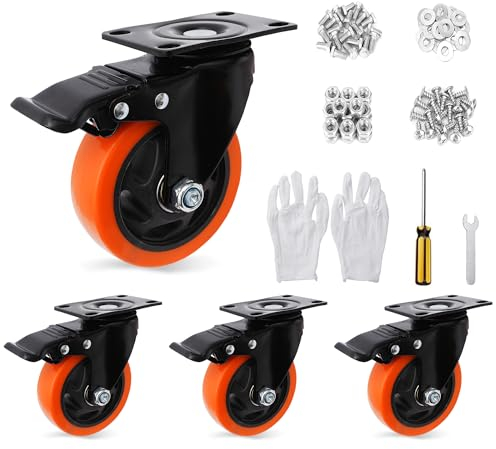 Nisorpa 4 ruedas giratorias de 100 mm con freno hasta 1000 kg, giratorias 360°, de poliuretano, color naranja, para cargas pesadas, con doble candado, ruedas de transporte de 100 mm para carro