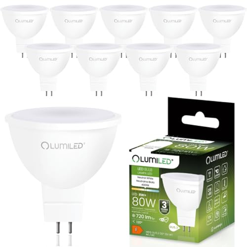 Lumiled 12V GU5.3 LED Lampen Leuchtmittel Spot 10 Stück Set, MR16 8W (entspricht 80W) 4000K Neutralweiß 720 Lumen 120° Abstrahlwinkel Spots Glühbirnen Halogenleuchte