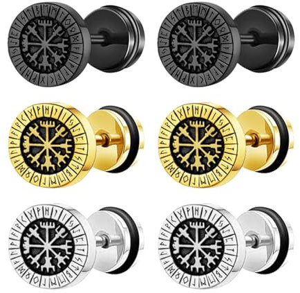 JewelryWe Wikinger Fake Plug Ohrstecker: 3 Paar Nordisch Kompass Runen Ohrringe Edelstahl Fake Ohrläppchen Tunnel Schraube Ohr Helix Piercings Kreis Ohrstecker Set für Herren Damen Schwarz/Gold/Silber