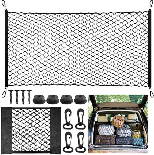 HavaCue 2 Stück Gepäcknetz Auto, 110X60cm Kofferraum Netz Erstreckt Sich auf 140X100cm mit 30X25cm Kofferraum Netztasche, Gepäcknetz Wohnmobil mit 4 Kofferraumnetz Stahlkarabiner+4 ABS Haken