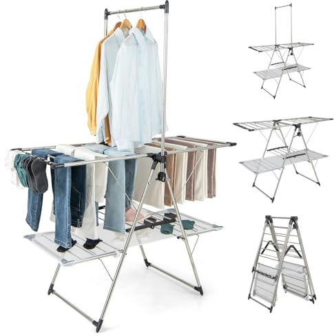 RELAX4LIFE Stendibiancheria Pieghevole, Stendino in Acciaio con Ganci, Ali Regolabili in Altezza, Clip per Calzini, Rete e Ganci per Scarpe, per Interno ed Esterno (138x63x182cm)