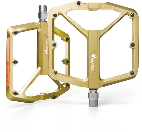 IMPALAPRO Pédale Vélo avec Bandes Réfléchissantes Aluminium CNC 9/16” – Pédales VTT à Large Plateforme avec Picots Antidérapants Amovibles – Pédale Vélo Route Légère 355 g (doré)